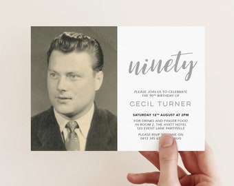 90th Party Invitation with photo - any age! Silver ninetieth birthday invitation for men to print yourself.