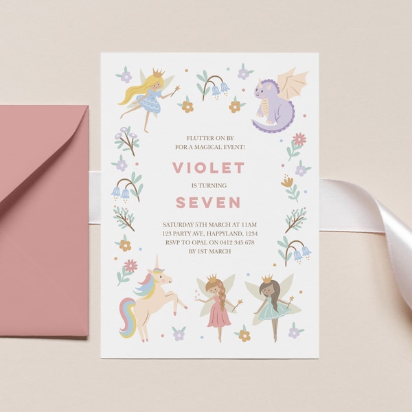 Editable Fairy, Unicorn And Dragon Invitation, Girls Mythical Creature Invitation Template, Girls Dragon Invite, Fairy Invitation Template