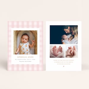 Plantilla de anuncio de nacimiento de cuadros vichy rosas, anuncio de nacimiento de niña editable, anuncio de recién nacido de cuadros vichy de doble cara, tarjeta de agradecimiento con foto