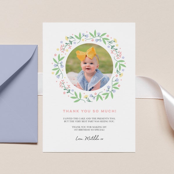 Floral 1st Birthday Thank You Card, Girls Thank You Photo Card Template, Editable Girls First Birthday Thank You Card, Floral Wreath 480