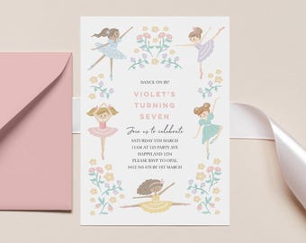 Editable Ballerina Birthday Invitation: Floral Dance Party Invite Template