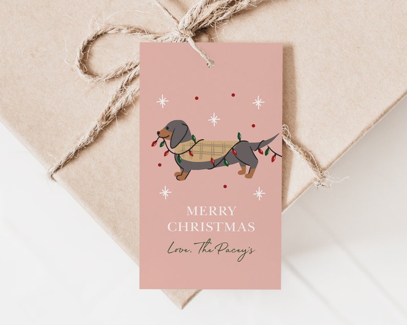 May include: A pink Christmas gift tag with a cartoon dachshund wearing a plaid scarf and Christmas lights. The text on the tag reads "Merry Christmas Love. The Paceys."