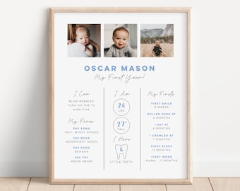 1st Birthday Milestone Board, Editable Simple Milestone Board with photos, 1st Birthday Milestone Poster Template, Boys Minimalist photo 125