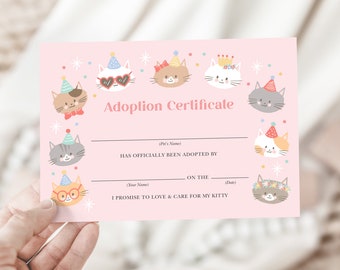 Editable Cat Adoption Certificate, Kitty Adoption Certificate Template, Cute Cat Party Game, Digital Adoption Certificate, Party Kitties 842