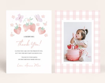 Strawberry First Birthday Thank You Card, Berry First Birthday Thank You Card, Strawberry Photo Thank You Card, Gingham And Strawberries 908