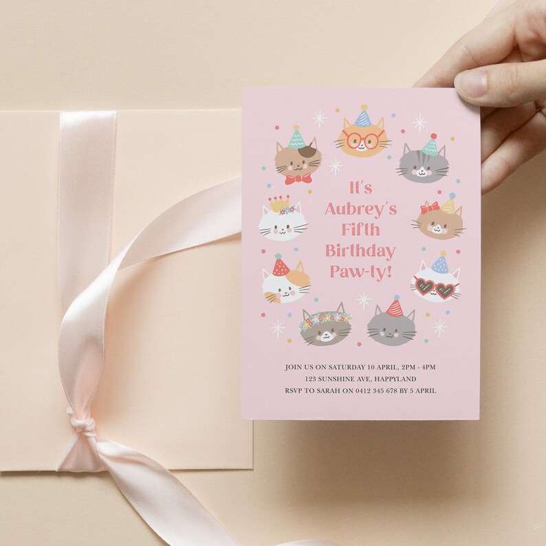 Cute Cat Invitation Template, Editable Kitten Invitation, Girls Cat Party, Digital Cat Invitation, Corjl Invitation, Party Kitties 842 image 3