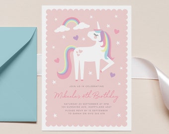 Pink Rainbow Unicorn Invitation, Magical Unicorn Party Invite, Girls Invitation template, Rainbow unicorn Printable, Rainbow Unicorn 689