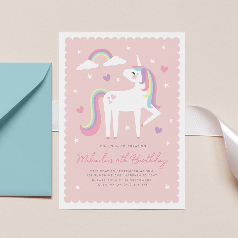 Pink Rainbow Unicorn Invitation, Magical Unicorn Party Invite, Girls Invitation template, Rainbow unicorn Printable, Rainbow Unicorn 689 image 1