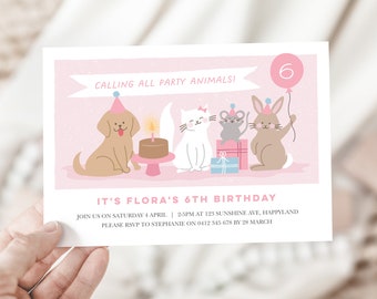 Editable Cat And Dog Invitation, Girls Kitty, Puppy, Bunny and Mouse Invitation, Girls Dog Invitation Template, Calling All Party Animals