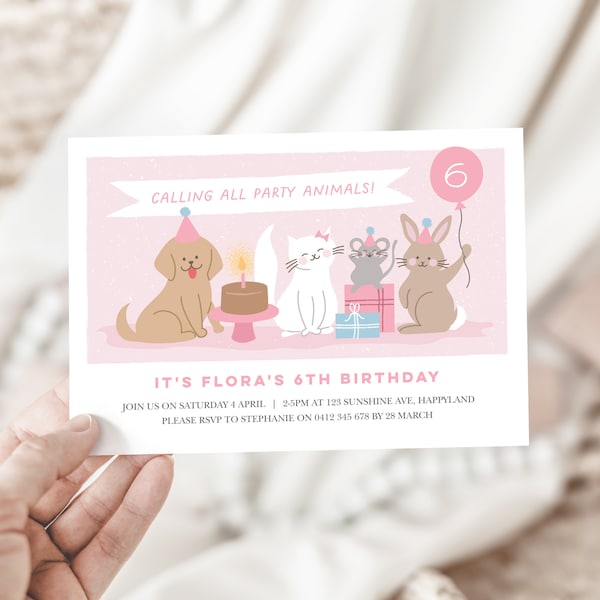 Editable Cat And Dog Invitation, Girls Kitty, Puppy, Bunny and Mouse Invitation, Girls Dog Invitation Template, Calling All Party Animals