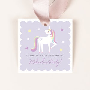 May include: Purple thank you tag with a white unicorn with a rainbow mane and tail. The tag says "Thank you for coming to Mikala's Party!"
