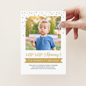 Boys 1st Birthday Invitation with photo, features a striped back and blue and gold confetti / Hip Hip Hooray first birthday party invitation