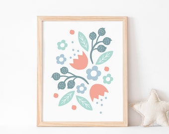 Floral art print // girls room decor or living room decor // teal, blue and peach // hand-drawn flower illustration // feminine wall art