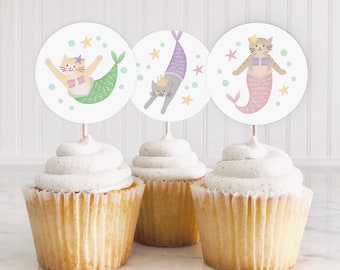 Purrmaid Cupcake Toppers, Instant Download Cat Mermaid Toppers, DIY Cat Cake Toppers, Digital Mermaid Cupcake Toppers, Pool Party Toppers