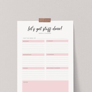Pink Weekly Planner pages, Week at a glance printable weekly planner in A4 & US Letter jpg and pdf / Instant download Lets get stuff done!