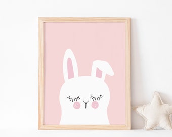 Pink Bunny Rabbit art print, Scandinavian inspired style, modern decor for kids room, pink art print for baby girl nursery, cute bunny art