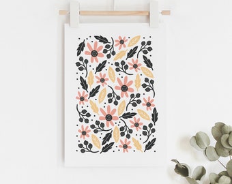 Botanical illustrated art print, Floral pattern // Scandinavian inspired floral illustration art // modern botanical art print in black