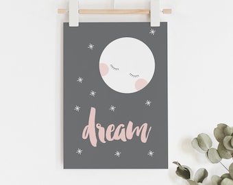 Dream art print in pink with sleepy moon illustration // modern on trend kids decor night time sleep print for baby girls room or nursery