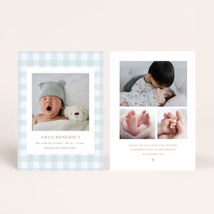 Blue Gingham Birth Announcement Template, Editable Boys Birth Announcement, Double Sided Newborn Announcement For Boys, Traditional Design