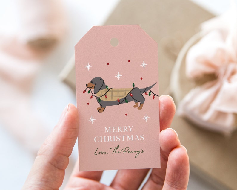 May include: Pink Christmas gift tag with a cartoon dachshund wearing a plaid scarf and holding Christmas lights. The text reads "Merry Christmas Love, The Pacy's".