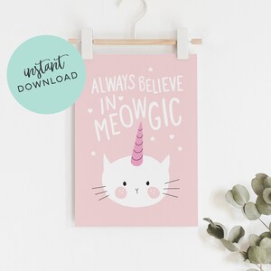 Caticorn (unicon cat) printable art print, girls cat wall art, instant download kitty art, cat-unicorn nursery print, baby girl pink decor