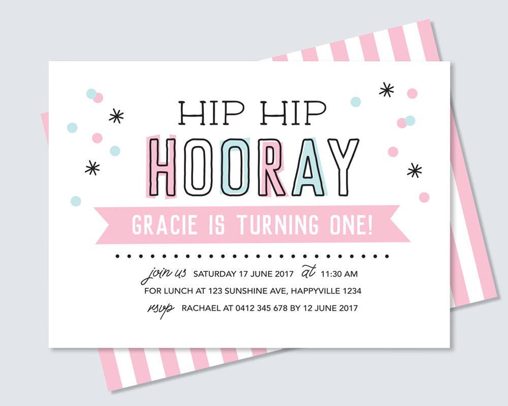 girl s birthday invitation card print yourself hip hip hooray
