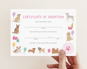 Girls Dog Adoption Certificate, Instant Download Puppy Adoption Certificate, Girls Dog Party Game, Printable Dog Adoption, Paw-ty Pups 769