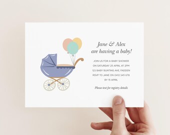 Sjabloon vintage kinderwagenuitnodiging babyshower: bewerkbare kinderwagenuitnodiging