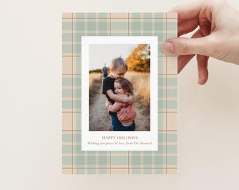 Aqua Plaid Photo Christmas Card, Tartan Digital Christmas Card, Editable Modern Xmas Card, Christmas Card Template, Traditional Christmas