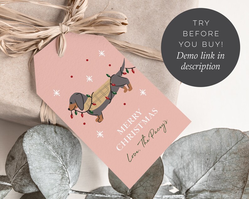 May include: Pink printable gift tag with a cartoon dachshund wearing a plaid scarf and Christmas lights. The text reads "Merry Christmas Love, The Pacry's".