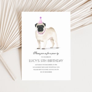 Mädchen Mops Geburtstagseinladung, digitale Hund Thema Geburtstagseinladung, Mädchen Hund Geburtstagsparty druckbare, Mädchen Mops Welpen Party