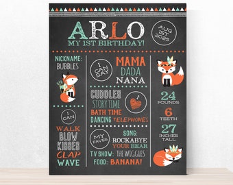 Milestone Chalkboard for 1st birthday party // fox milestone chalkboard // tribal birthday sign // fox themed birthday chalkboard 1st party