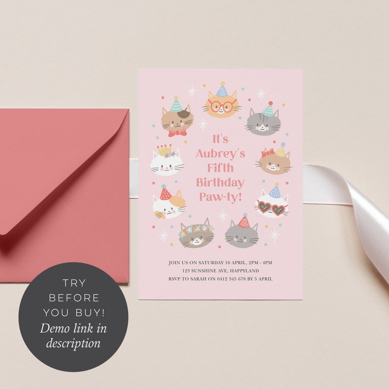 Cute Cat Invitation Template, Editable Kitten Invitation, Girls Cat Party, Digital Cat Invitation, Corjl Invitation, Party Kitties 842 image 4
