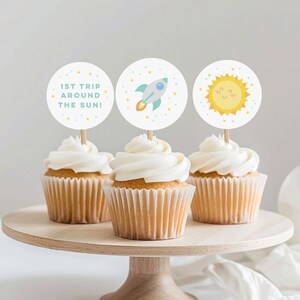 1st Trip Around The Sun Cupcake Toppers, Instant Download Sun Cupcake Toppers, DIY Round Rocket Cupcake Toppers, 1st Birthday Boys