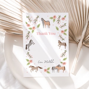 Cartão de agradecimento personalizado de pônei para aniversário de meninas, edite-se em branco, nota de agradecimento, festa de cavalo, cartão de agradecimento digital 505
