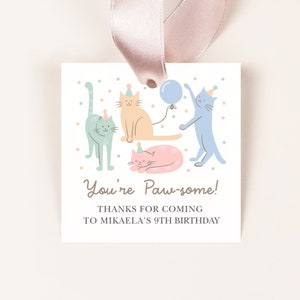 Étiquettes modifiables de remerciement chat, modèle d'étiquette d'anniversaire chat, étiquette de faveur chat numérique, chat mignon fête imprimables, chat arc-en-ciel, chatons de fête 908