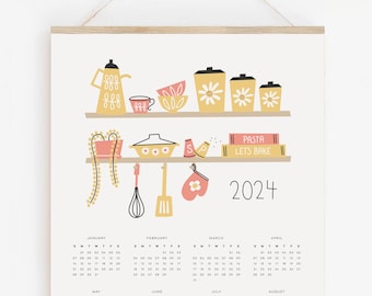 2024 Retro Kitchen Calendar, Mid-Century illustration, kitchen shelves, A3 or A4 calendar, gift for someone who loves cooking