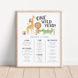 Tablero de hitos de Wild One editable, póster de hitos de animales de safari africanos, letrero de hito de primer cumpleaños imprimible, letrero de Wild One 550