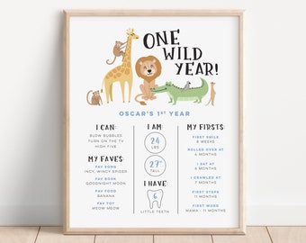 Editable Wild One Milestone Board, African Safari Animal Milestone Poster, Printable 1st Birthday Milestone Sign, Wild One Sign 550