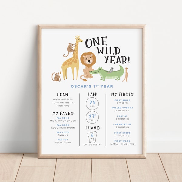 Editable Wild One Milestone Board, African Safari Animal Milestone Poster, Printable 1st Birthday Milestone Sign, Wild One Sign 550