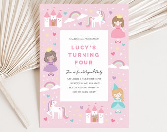 Editable Princess Birthday Invitation, Magical Princess template invitation, Girls Princess Party Invitation, Rainbow Unicorn Invitation 143