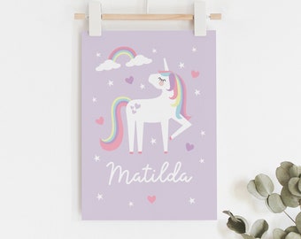 Girls Unicorn Art Print, Girls Rainbow Art Print, Rainbow Name Art Print, Girls Name Wall Art, Girls Colourful Room Decor