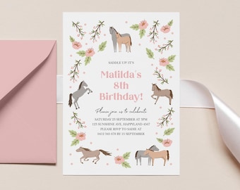 Editable Pony Birthday Invitation, Girls Horse Invitation with pretty pink flowers, Digital Horse themed party invite to edit yourself 505