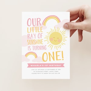 Pink Sunshine and Rainbow Invitation, Girls 1st Birthday Digital Invitation, editable kids birthday invitation, girls sunshine party 507