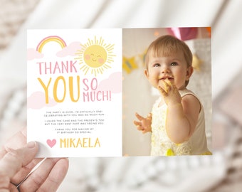 Editable Sunshine and rainbow thank you card for 1st birthday, Girls sun photo thank you card, Sun Birthday party template thank you 507
