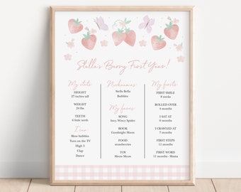 Editable Strawberry Milestone Sign, Berry Sweet 1st Birthday Milestone Board, Strawberry Milestone Template, Gingham And Strawberries 908