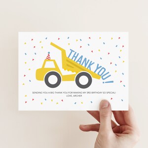 Cartão de agradecimento da festa de construção, agradecimento de caminhão basculante editável, modelo de agradecimento Corjl Boys, festa temática de construção, tema Digger