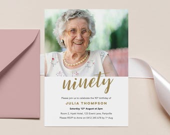 May include: A birthday invitation featuring a smiling elderly woman wearing glasses and a pearl necklace. The invitation reads "ninety" in gold script, with details for Julia Thompson's 90th birthday, including date, time, and location.