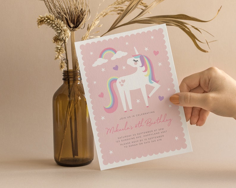 Pink Rainbow Unicorn Invitation, Magical Unicorn Party Invite, Girls Invitation template, Rainbow unicorn Printable, Rainbow Unicorn 689 image 5