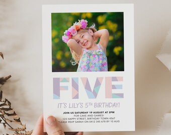 Girls 5th birthday invitation, text Invitation, 5th birthday party invitation, girls pastel geometric birthday invitation
